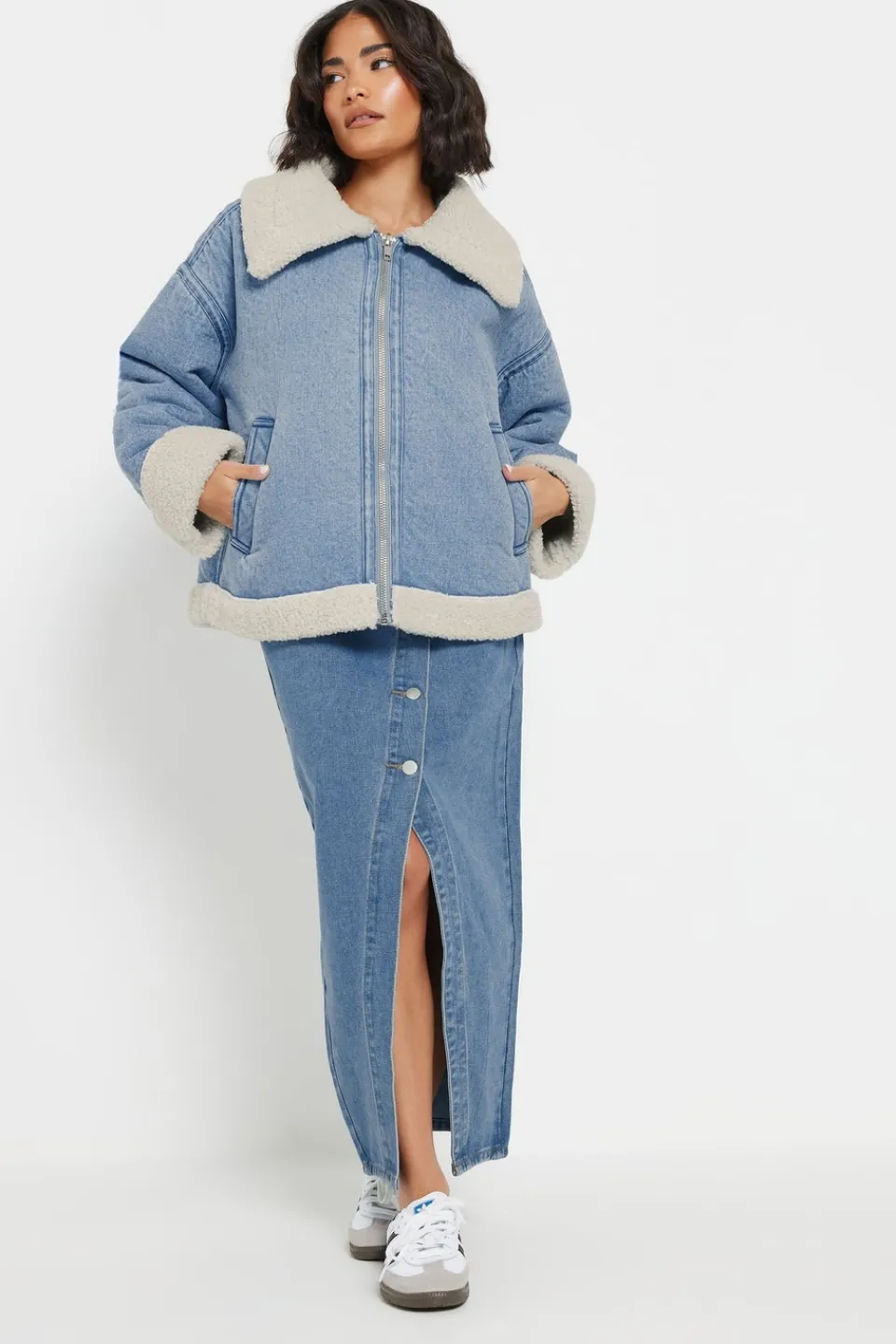 Coats & Jackets>PIXIEGIRL Petite Light Blue Denim Borg Zip Jacket