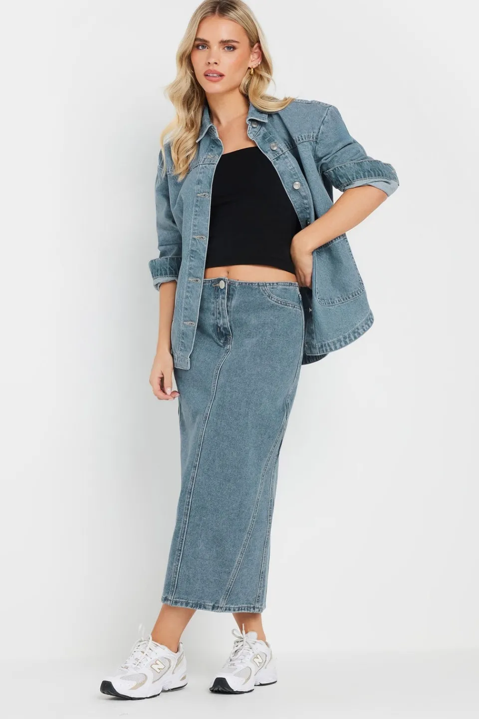 Skirts>PIXIEGIRL Petite Light Blue Denim Seam Midi Skirt