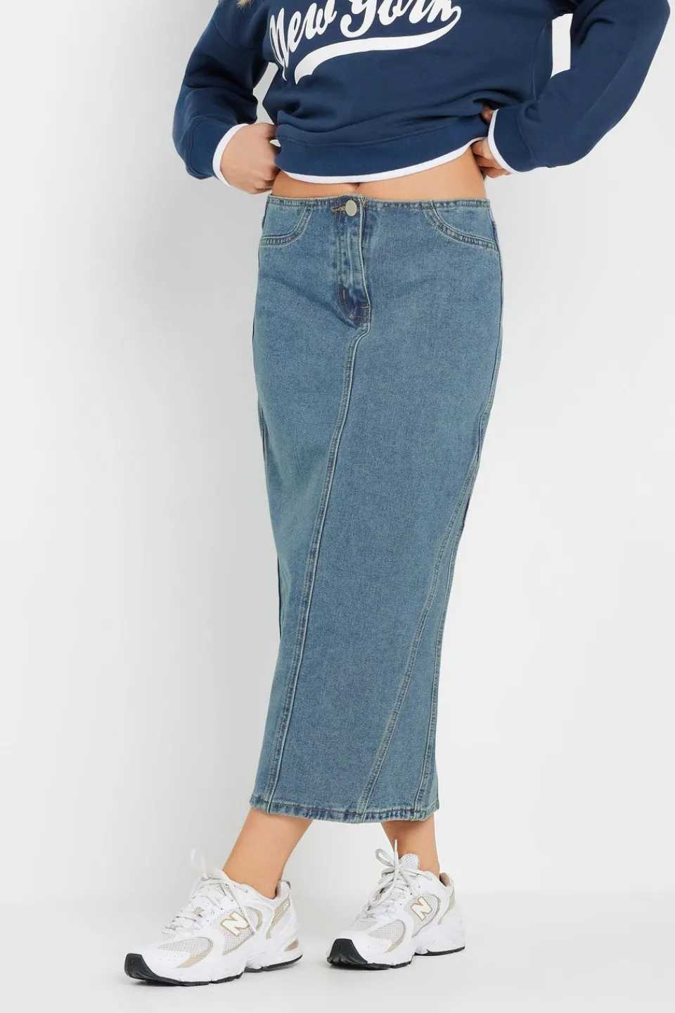 Skirts>PIXIEGIRL Petite Light Blue Denim Seam Midi Skirt
