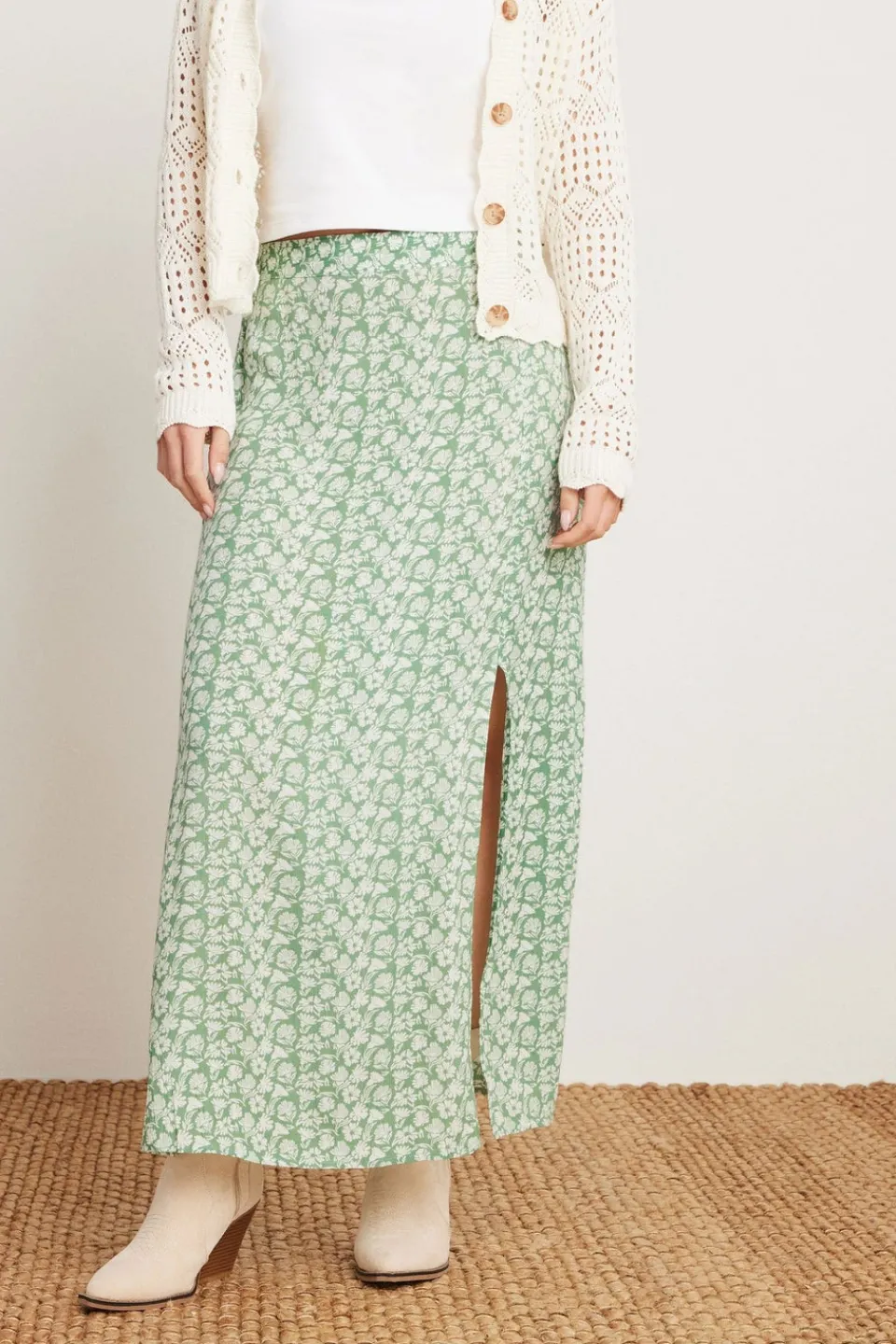 Skirts>PIXIEGIRL Petite Mint Green Floral Side Slit Maxi Skirt