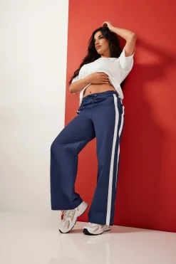 Trousers>PIXIEGIRL Petite Navy Blue Side Stripe Parachute Wide Leg Trousers