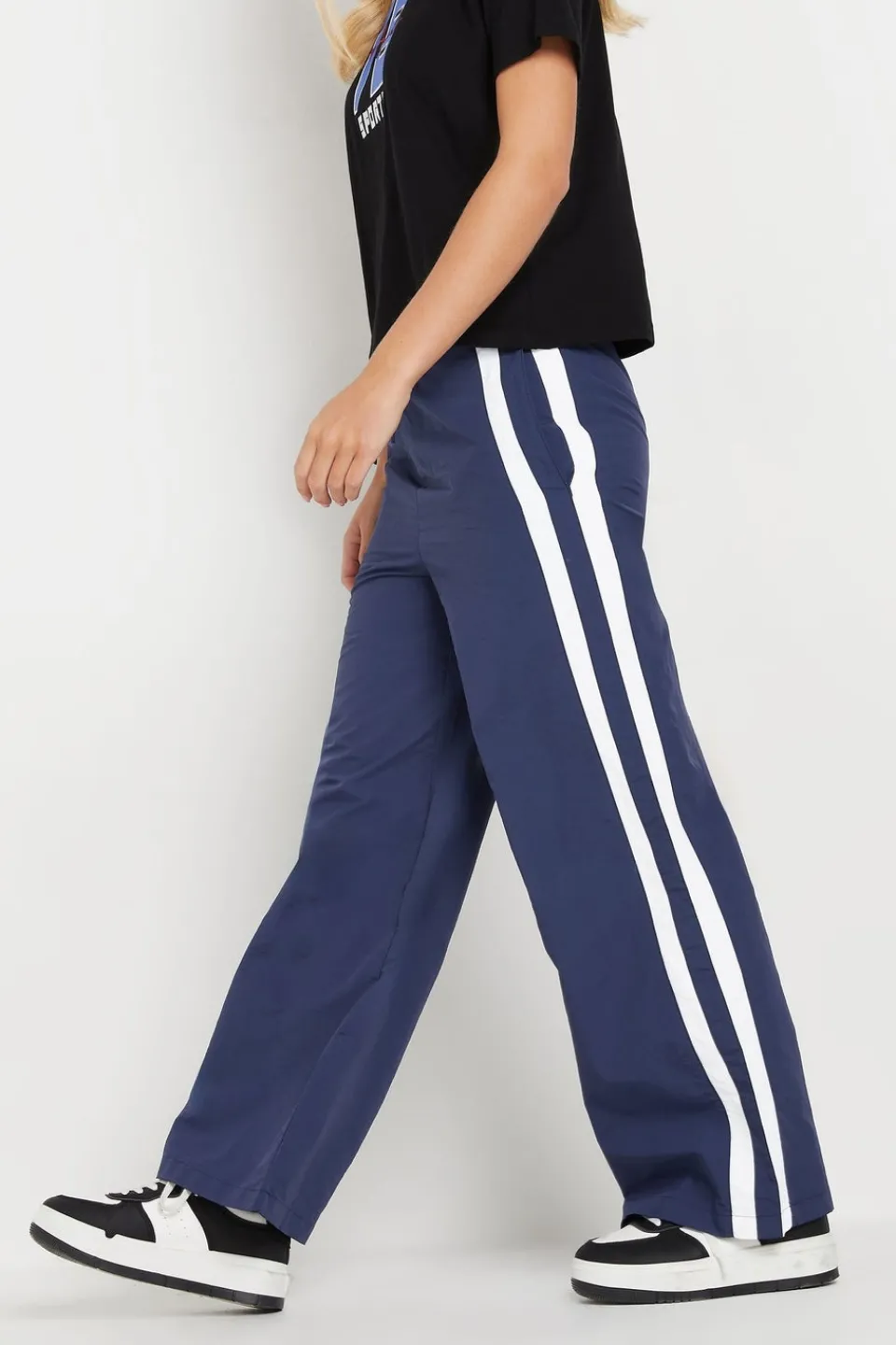 Trousers>PIXIEGIRL Petite Navy Blue Side Stripe Parachute Wide Leg Trousers