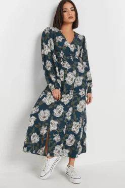 Dresses>PIXIEGIRL Petite Navy Blue Floral Midi Tea Dress