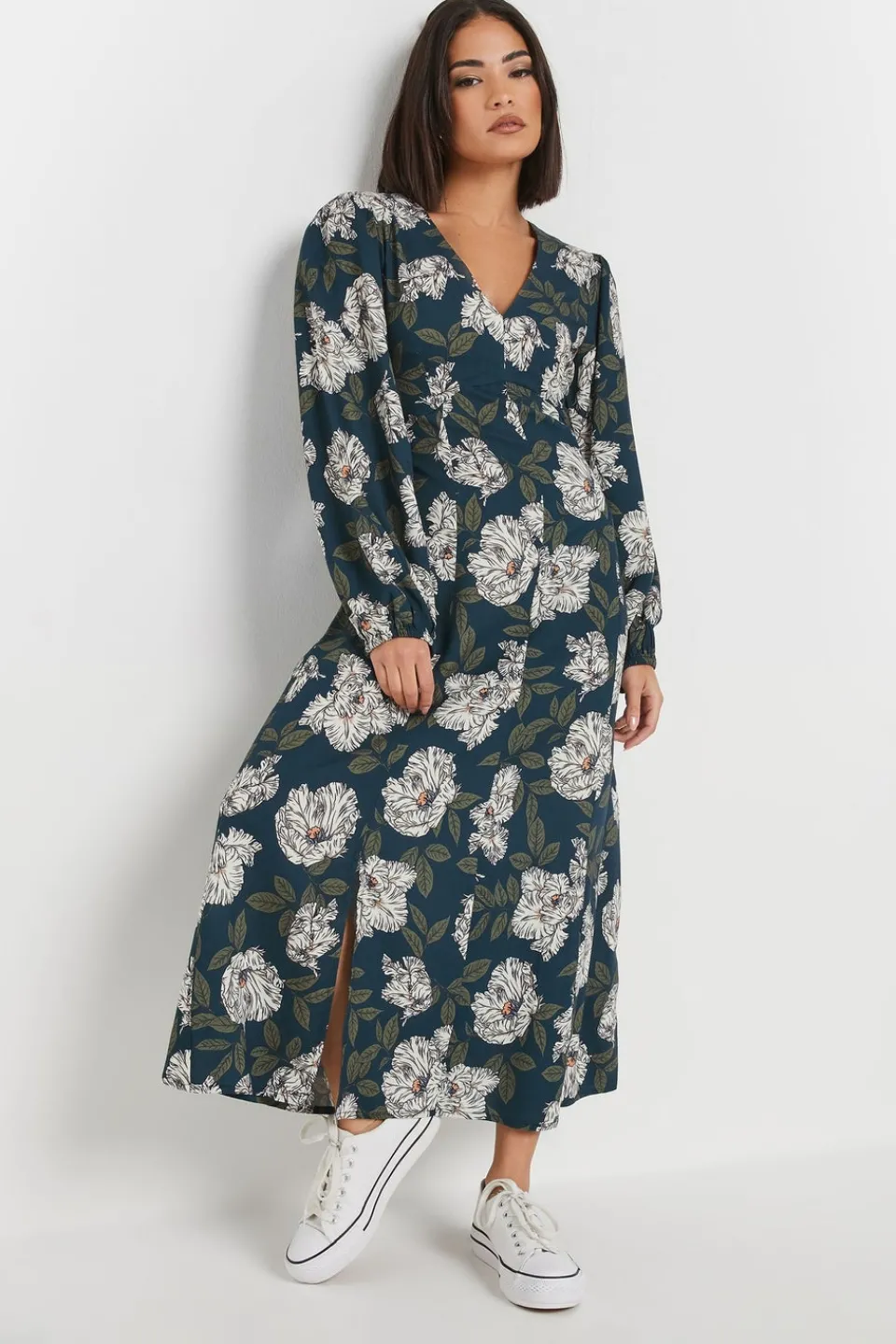 Dresses>PIXIEGIRL Petite Navy Blue Floral Midi Tea Dress