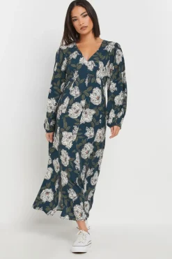 Dresses>PIXIEGIRL Petite Navy Blue Floral Midi Tea Dress