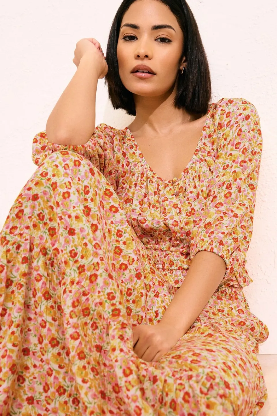 Skirts>PIXIEGIRL Petite Orange Ditsy Floral Tiered Maxi Skirt