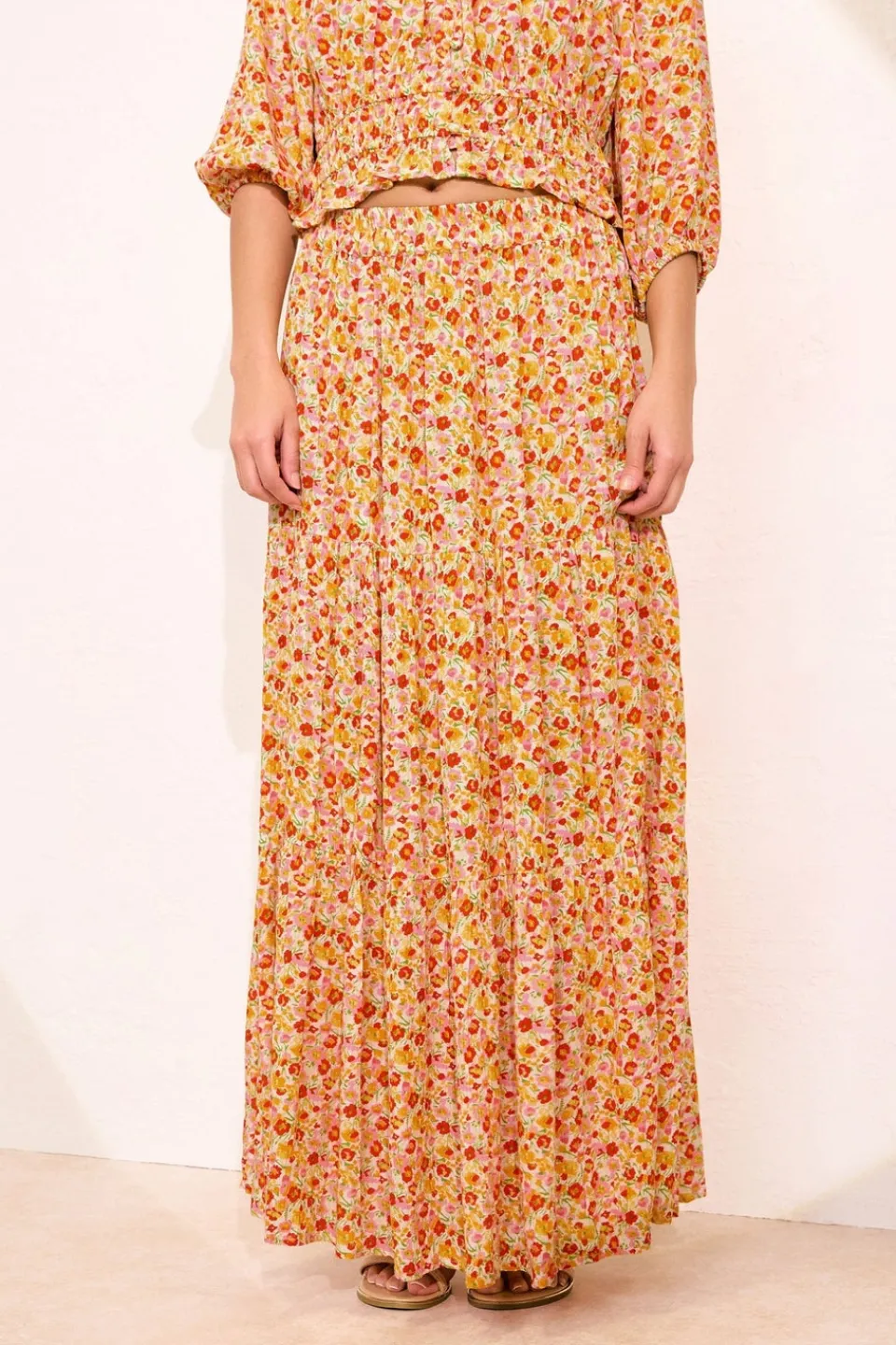 Skirts>PIXIEGIRL Petite Orange Ditsy Floral Tiered Maxi Skirt