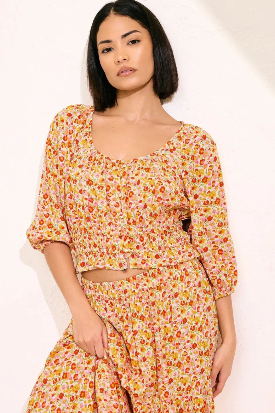 Tops>PIXIEGIRL Petite Orange Ditsy Floral Puff Sleeve Top