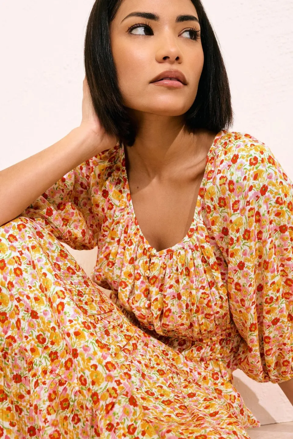 Tops>PIXIEGIRL Petite Orange Ditsy Floral Puff Sleeve Top