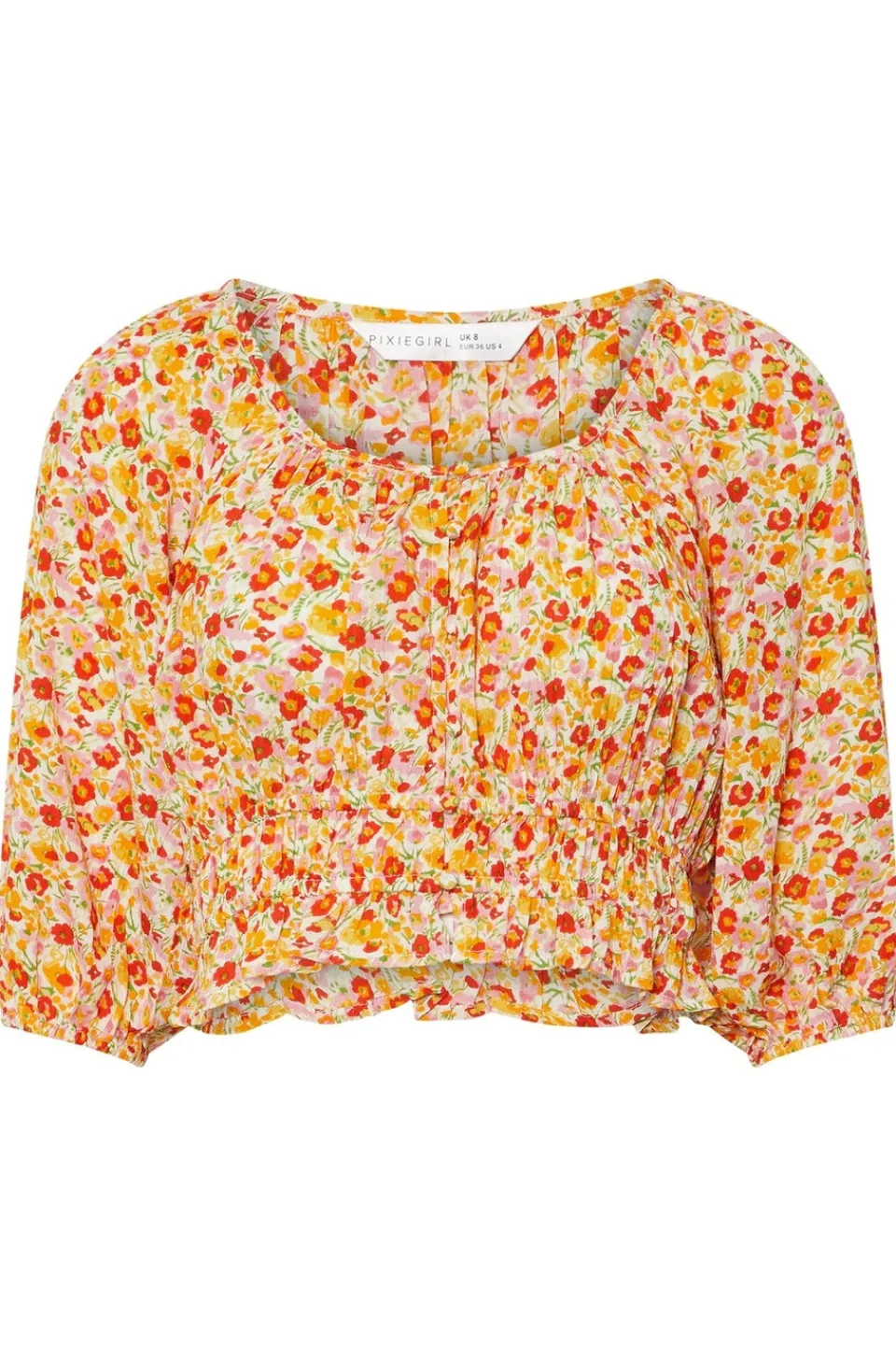 Tops>PIXIEGIRL Petite Orange Ditsy Floral Puff Sleeve Top