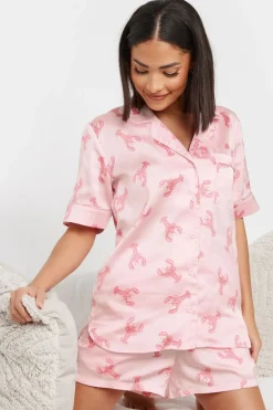 Nightwear>PIXIEGIRL Petite Pink Satin Lobster Graphic Short Pyjama Set