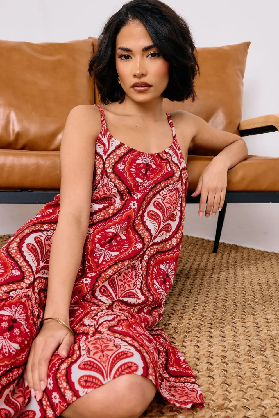 Dresses>PIXIEGIRL Petite Red Paisley Print Slip Midi Dress