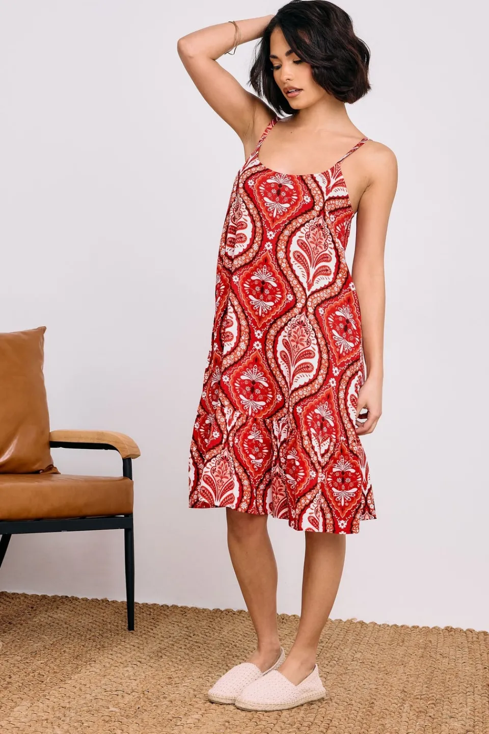 Dresses>PIXIEGIRL Petite Red Paisley Print Slip Midi Dress