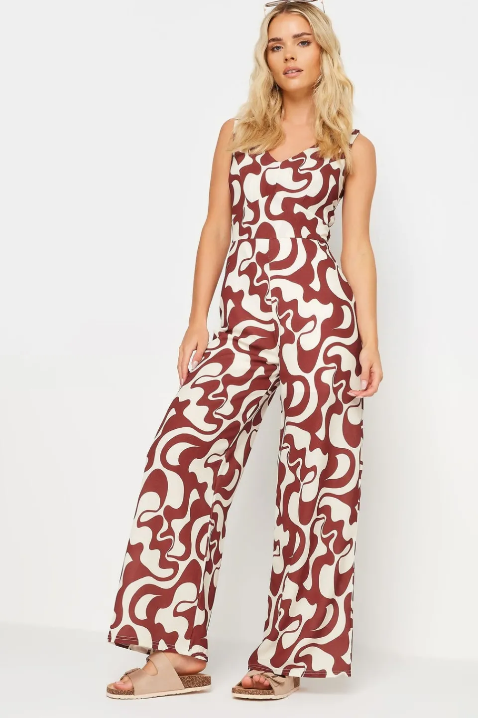 Jumpsuits & Playsuits>PIXIEGIRL Petite Red Swirl Print Wide Leg Jumpsuit