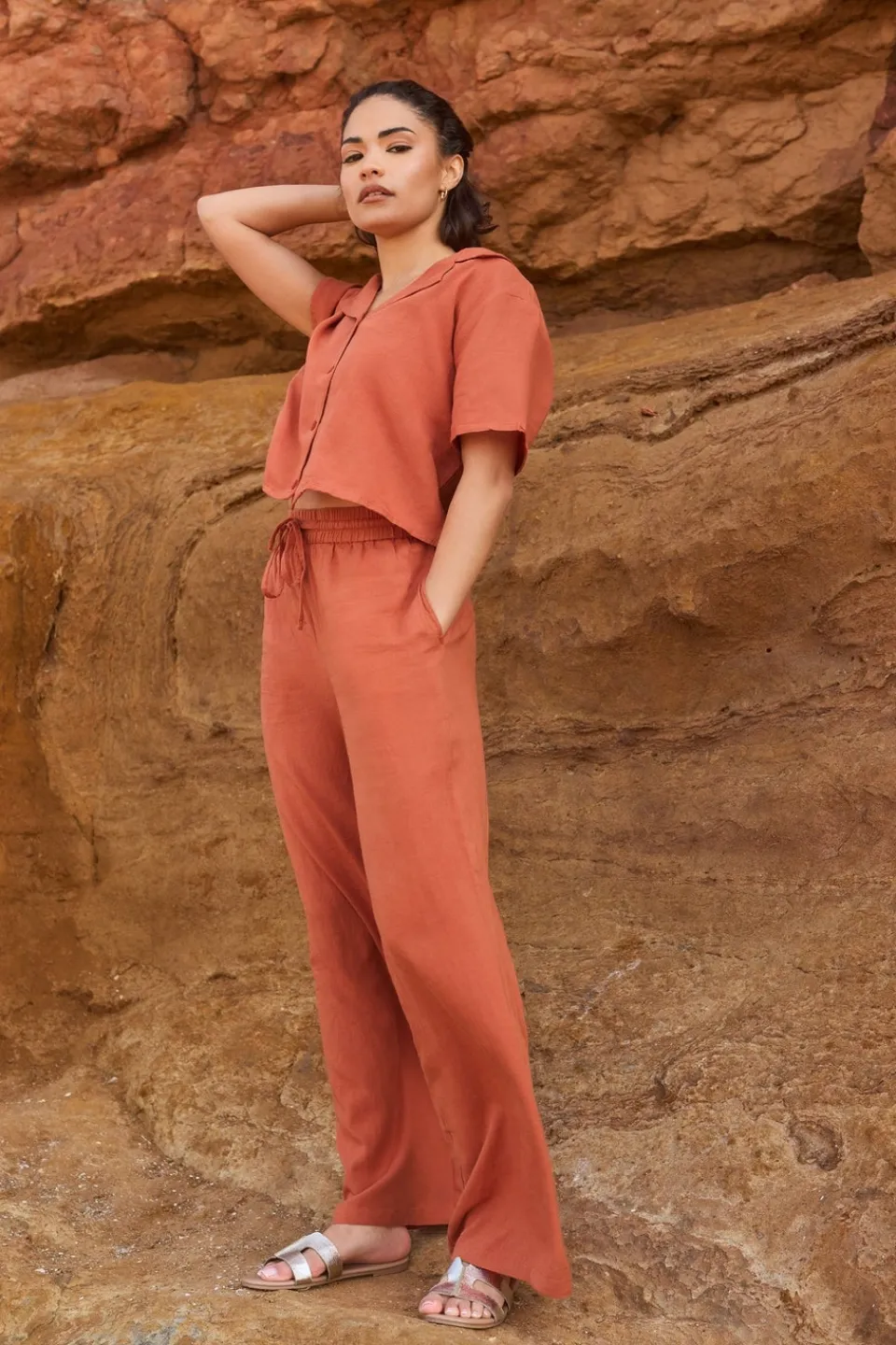 Trousers>PIXIEGIRL Petite Rust Orange Linen Drawstring Wide Leg Trousers