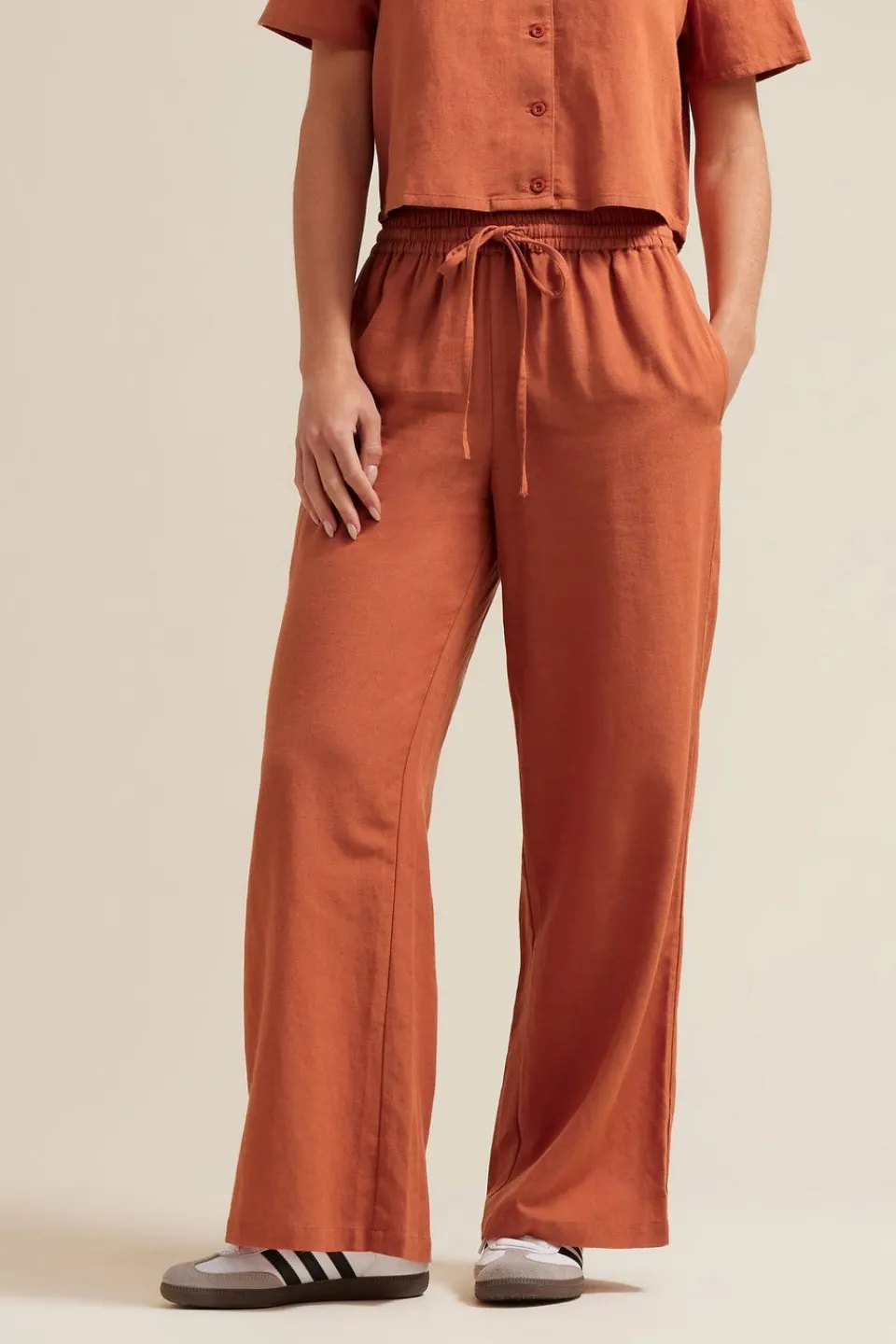 Trousers>PIXIEGIRL Petite Rust Orange Linen Drawstring Wide Leg Trousers