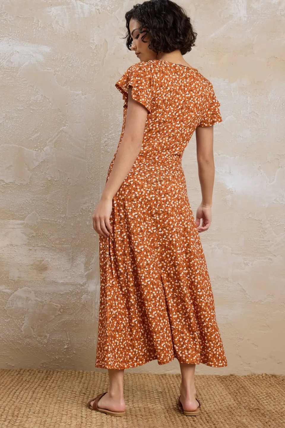 Dresses>PIXIEGIRL Petite Rust Orange Ditsy Floral Flutter Sleeve Dress