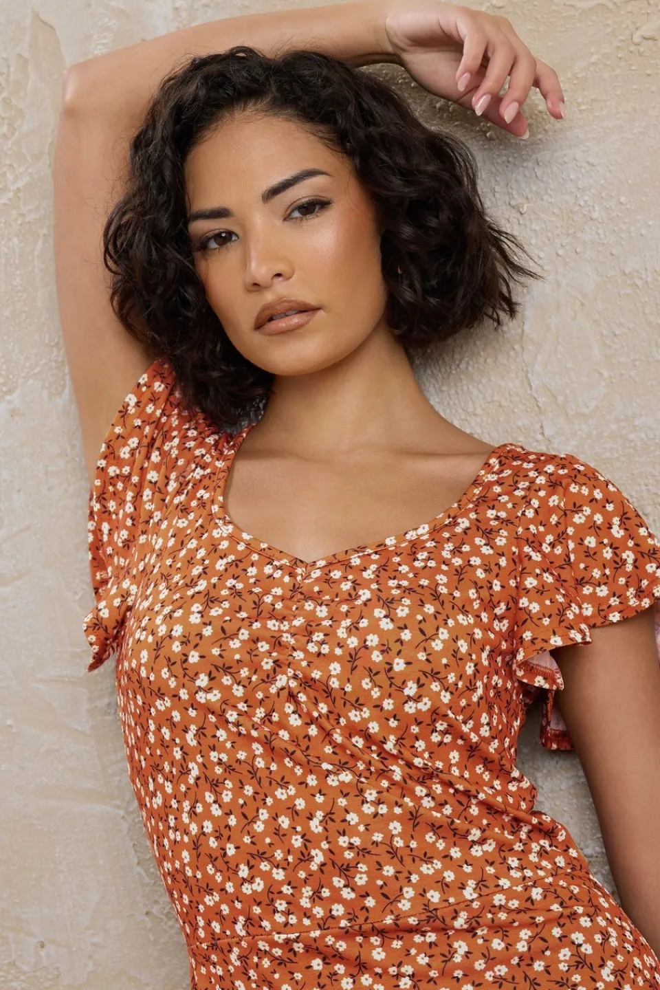 Dresses>PIXIEGIRL Petite Rust Orange Ditsy Floral Flutter Sleeve Dress
