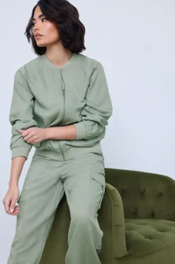 Coats & Jackets>PIXIEGIRL Petite Sage Green Linen Bomber Jacket