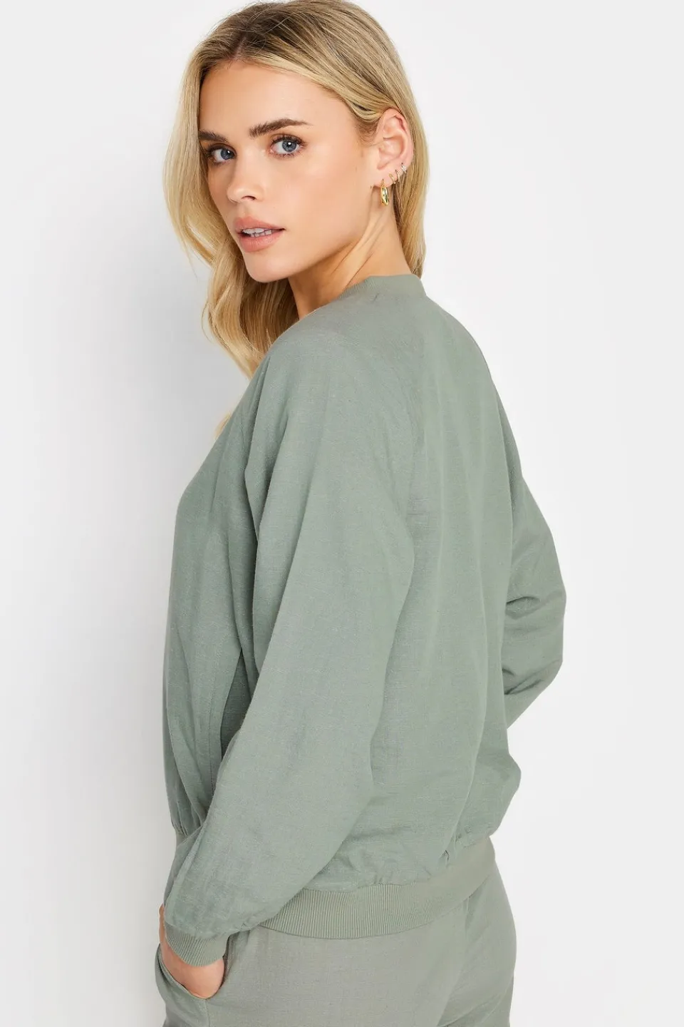 Coats & Jackets>PIXIEGIRL Petite Sage Green Linen Bomber Jacket