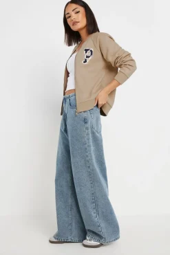 Coats & Jackets>PIXIEGIRL Petite Stone Brown Embroidered Initial Jersey Bomber Jacket