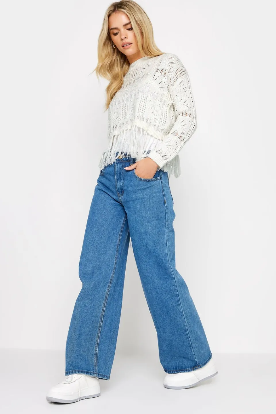 Tops>PIXIEGIRL Petite White Crochet Tassel Jumper