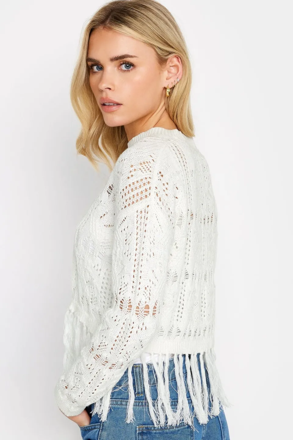 Tops>PIXIEGIRL Petite White Crochet Tassel Jumper