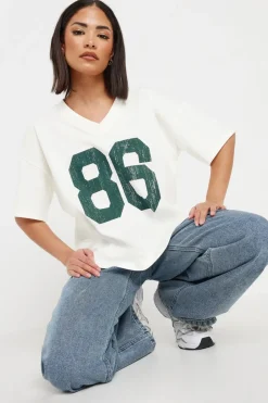 T-Shirts>PIXIEGIRL Petite White Jersey Graphic Varsity T-Shirt