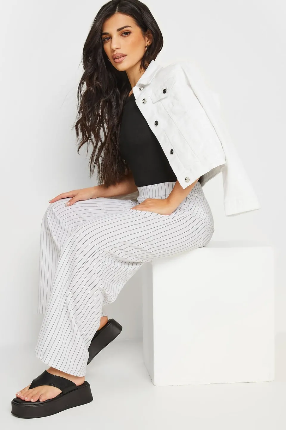 Trousers>PIXIEGIRL Petite White Pinstripe Wide Leg Trousers