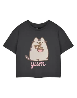 T-Shirts>Pusheen Grey Yum Noodles Cropped Short Sleeved T-Shirt