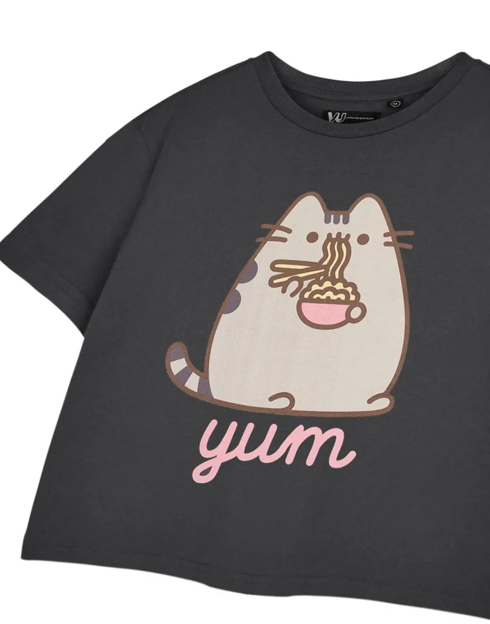 T-Shirts>Pusheen Grey Yum Noodles Cropped Short Sleeved T-Shirt