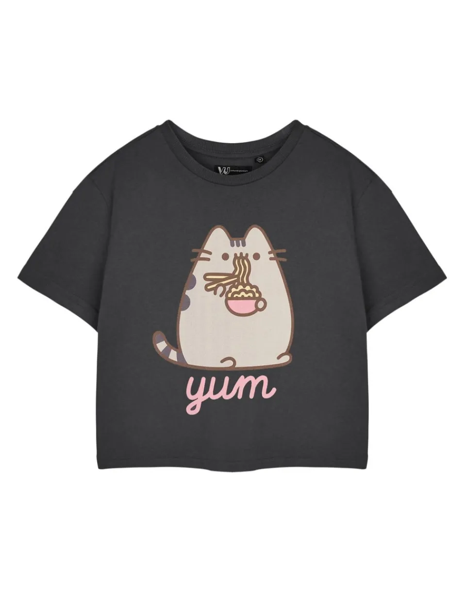 T-Shirts>Pusheen Grey Yum Noodles Cropped Short Sleeved T-Shirt