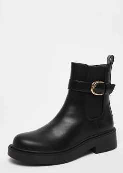 Footwear>Quiz Black Faux Leather Chunky Buckle Boots