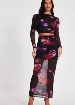 Tops>Quiz Black Floral Mesh Crop Top
