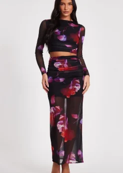 Skirts>Quiz Black Floral Mesh Maxi Skirt