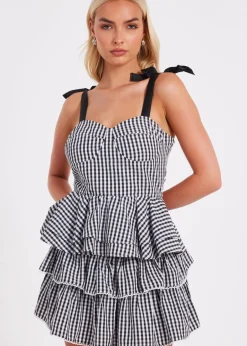 Tops>Quiz Black Gingham Peplum Top