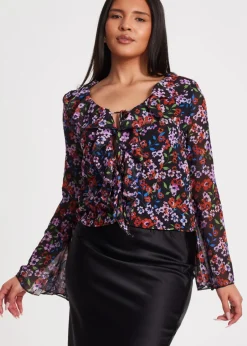 Tops>Quiz Black Mesh Floral Blouse