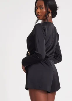 Jumpsuits & Playsuits>Quiz Black Satin Wrap Playsuit