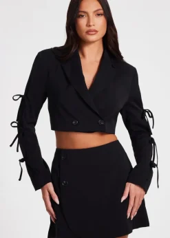 Co-Ord Sets>Quiz Black Tie Sleeve Cropped Blazer