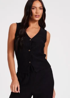 Coats & Jackets>Quiz Black V Neck Textured Waistcoat