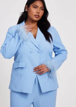 Coats & Jackets>Quiz Blue Curve Feather Trim Blazer