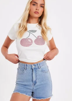 Shorts>Quiz Blue Denim Embellished Shorts