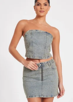 Tops>Quiz Blue Denim Embellished Bandeau Top