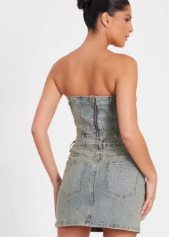 Tops>Quiz Blue Denim Embellished Bandeau Top