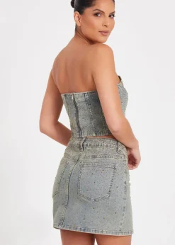Skirts>Quiz Blue Denim Embellished Mini Skirt