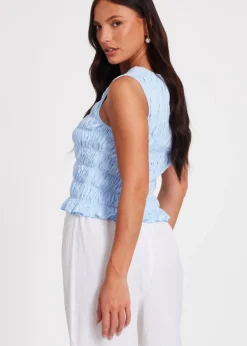 Tops>Quiz Blue Jacquard Gathered Top
