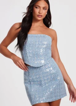 Tops>Quiz Blue Sequin Denim Bandeau Top