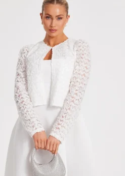 Coats & Jackets>Quiz Cream Chiffon Floral Cropped Jacket