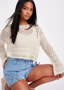 Tops>Quiz Cream Crochet Long Sleeve Top