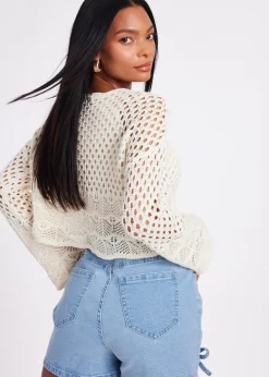Tops>Quiz Cream Crochet Long Sleeve Top